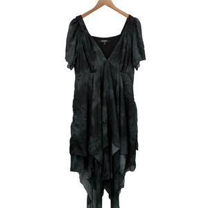 Disturbia Black Marble Print Midi Dress Size 12 Flutter Sleeve Handkerchief Hem